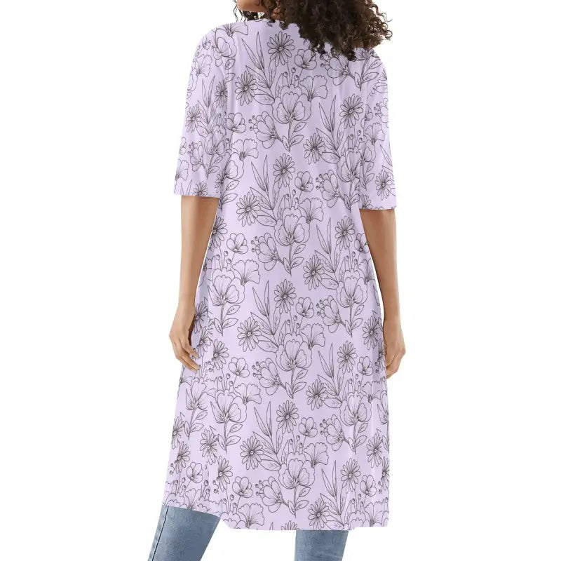 Lavender floral print dress with three-quarter sleeves perfect under a women’s purple floral kimono