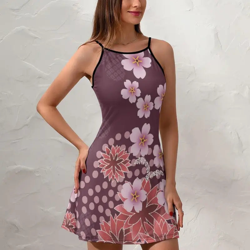 Sleeveless purple abstract floral slip dress with pink flowers and polka dots