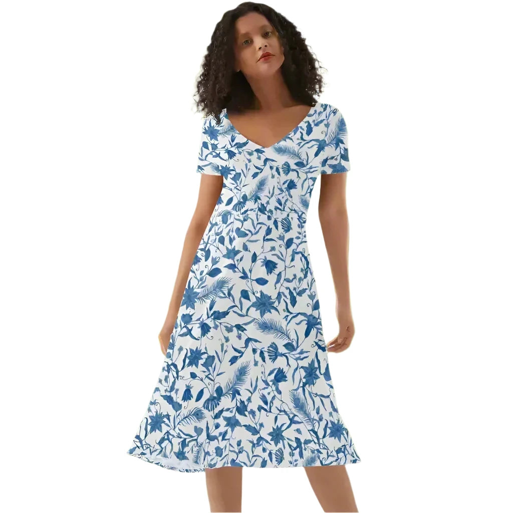 Womens blue floral short sleeve dress with V-neckline and beautiful print