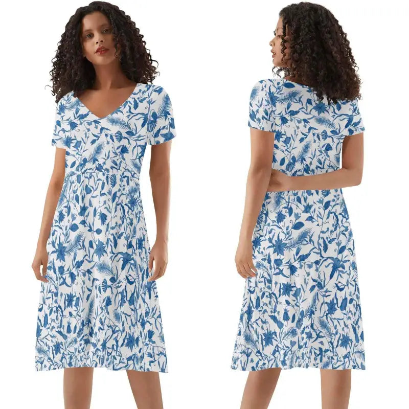 Womens blue floral short sleeve dress with V-neckline perfect for summer vibes