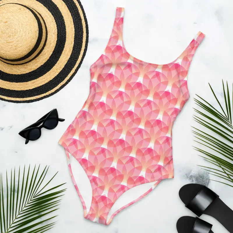 Pink geometric print one-piece swimsuit with a fun peach pattern for beach vibes