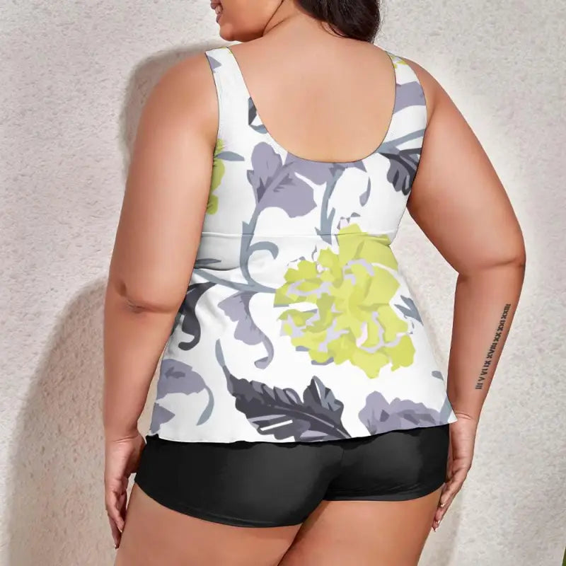Floral print tankini with gray, white, and lime green, perfect for summer fun