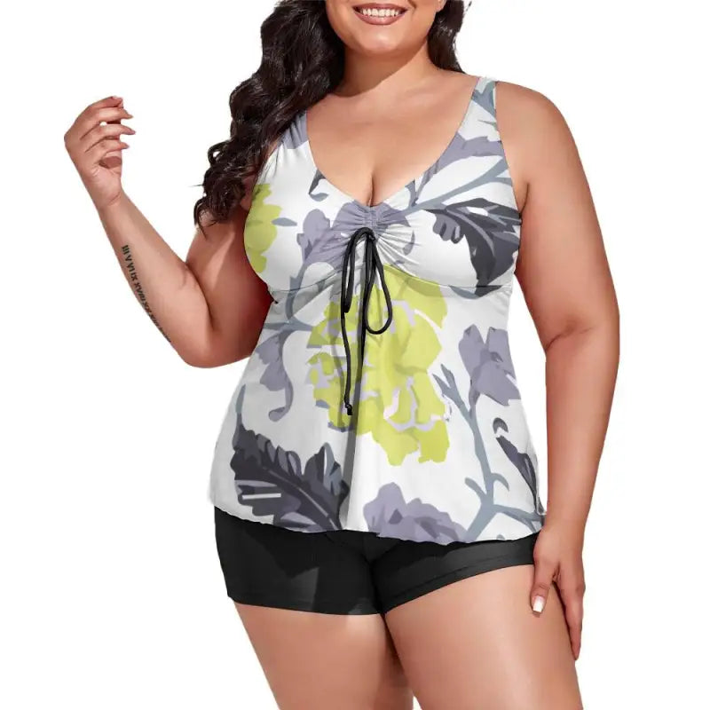 Floral print tankini top with tie front and black swim shorts for size abstract print vibes