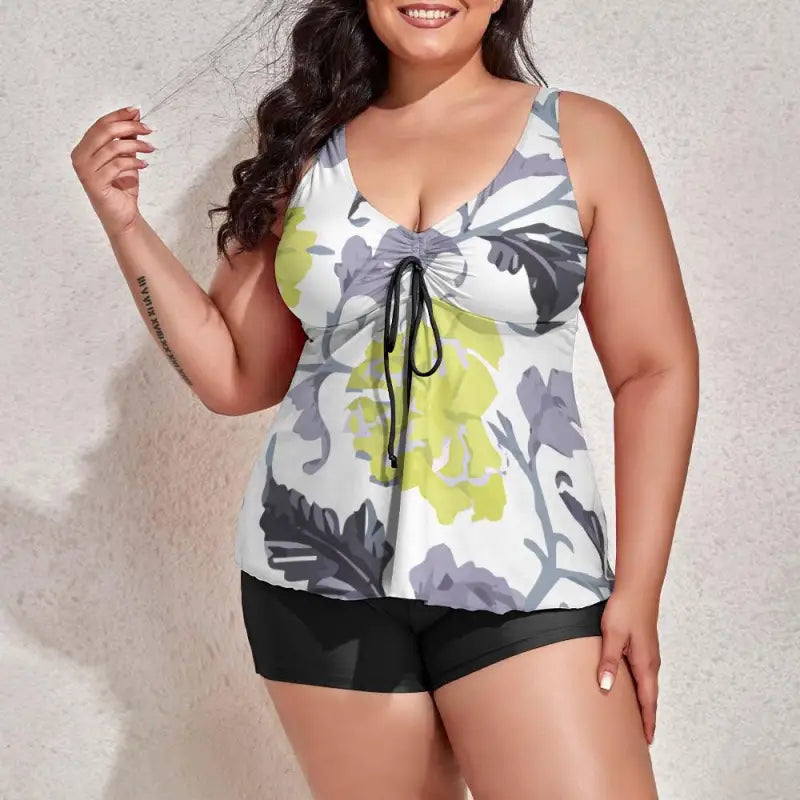 Floral print tankini with lace-up front, black swim shorts, perfect size abstract print look