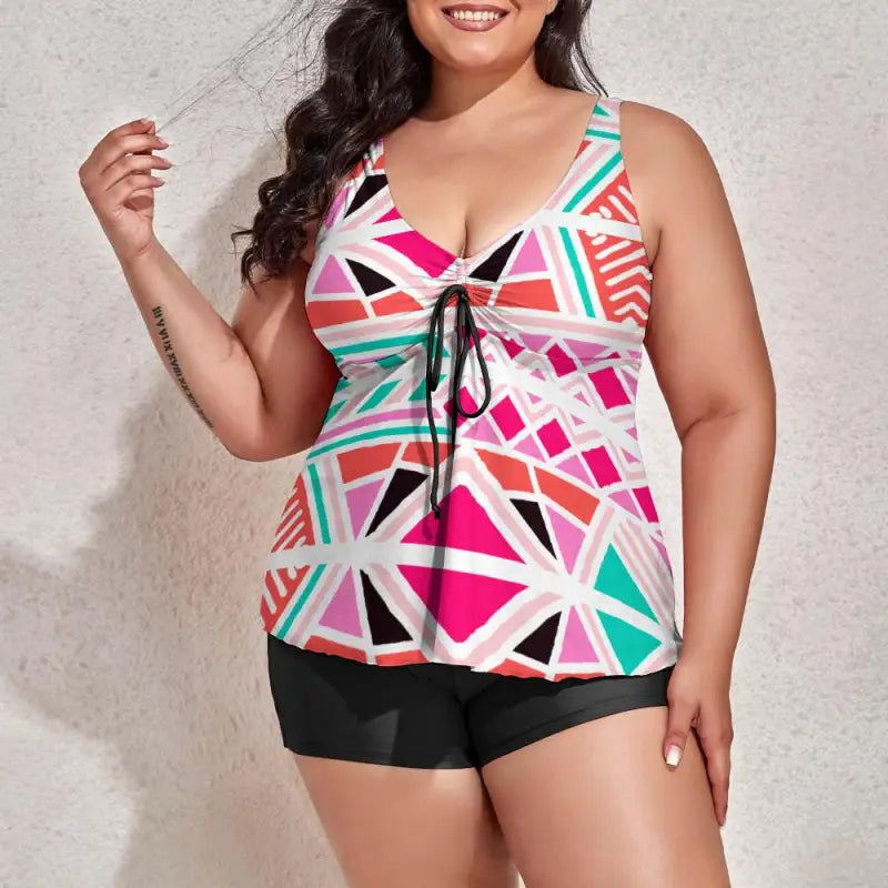 Colorful abstract print tankini top with tie front for a fun summer vibe