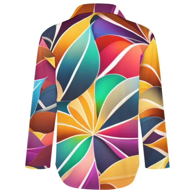 Colorful abstract print button-up shirt with vibrant geometric shapes and curves