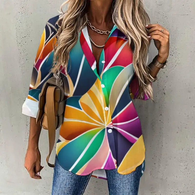 Colorful abstract print button-up shirt with vibrant geometric sunburst design