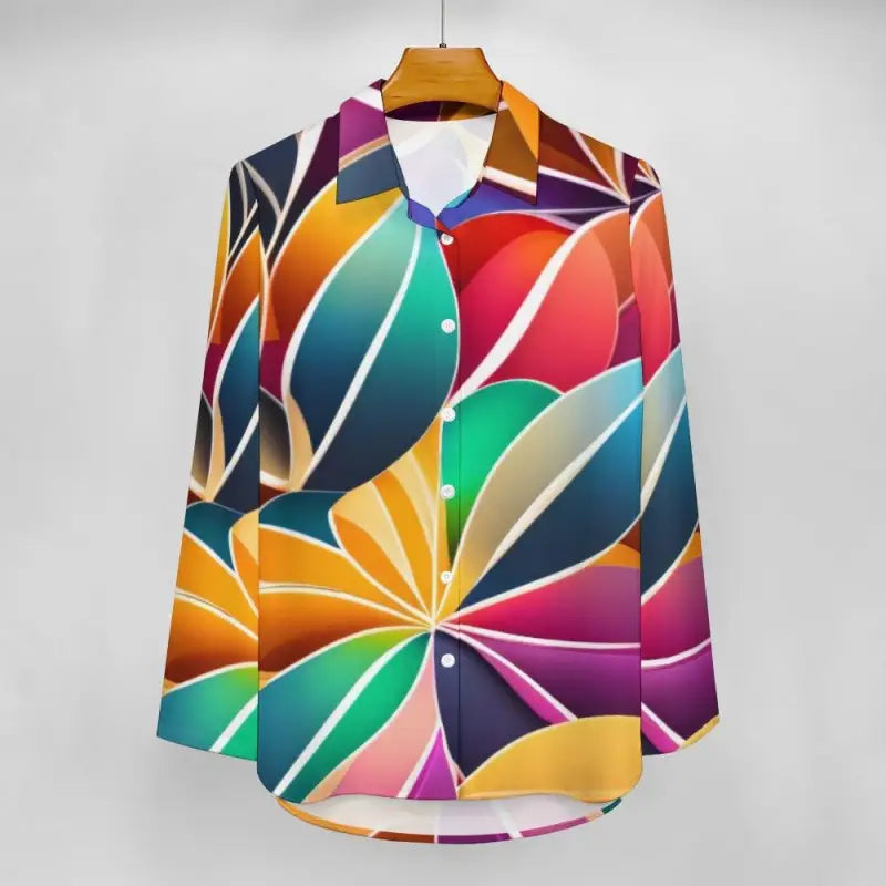 Colorful abstract print button-up shirt featuring vibrant curved shapes and patterns
