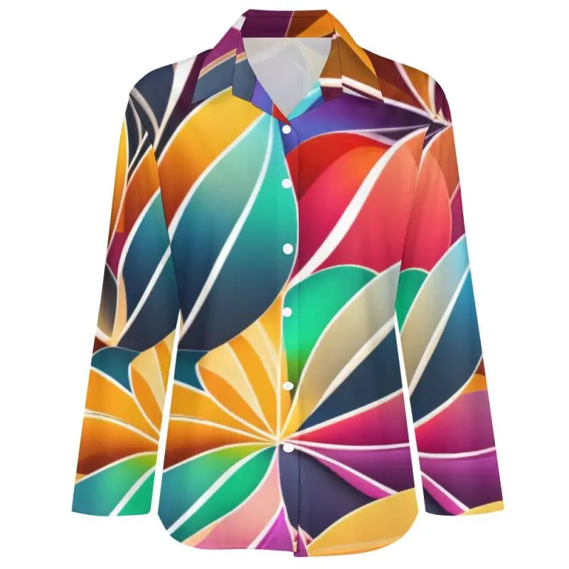 Colorful abstract print button-up shirt with vibrant geometric shapes for stylish vibes