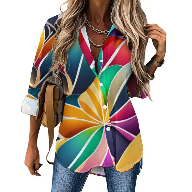 Vibrant Colorful Abstract Print Button-Up Shirt with a cool sunburst pattern