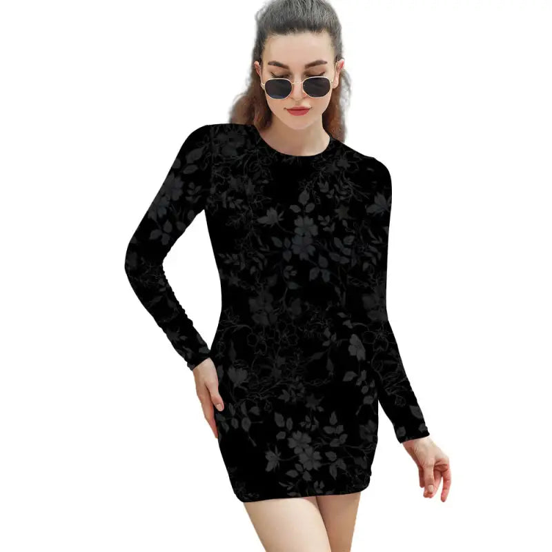 Stylish black bodycon mini dress with long sleeves and floral pattern for an elegant look