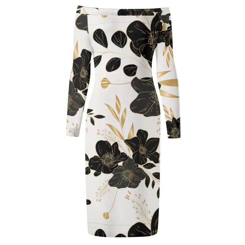 White long sleeve elegant wrap dress with black floral print for chic vibes