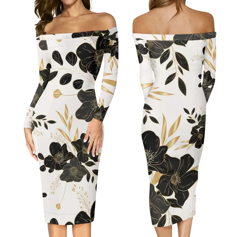 Off-shoulder bodycon dress with black floral and gold leaves, perfect long sleeve elegant wrap dress