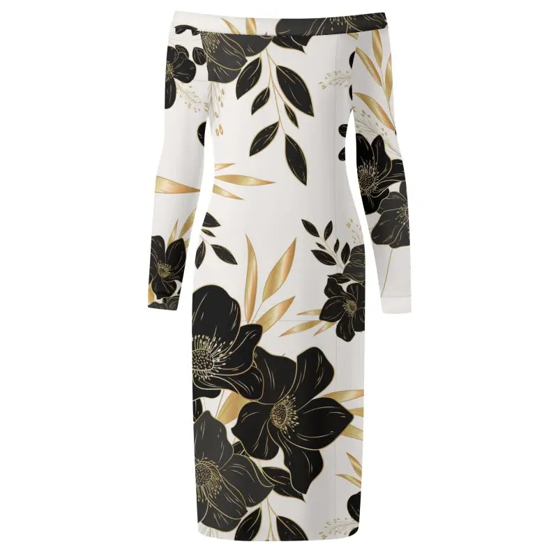 Off-shoulder bodycon dress with black and gold floral print for an elegant wrap look