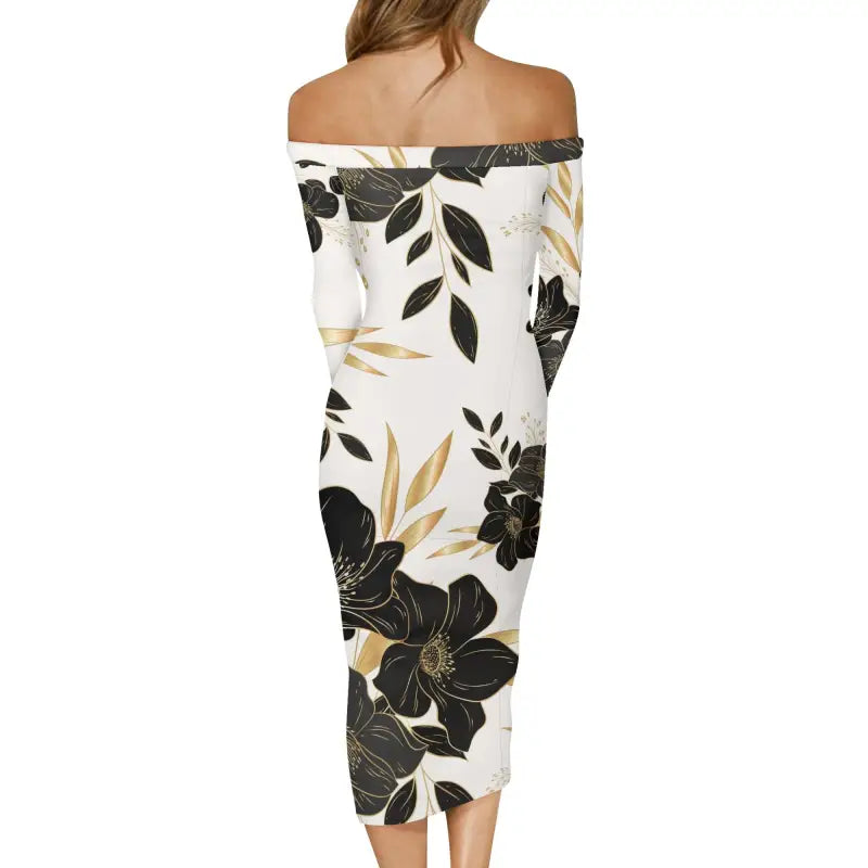 Off-shoulder floral midi dress with black and gold print for a long sleeve elegant look