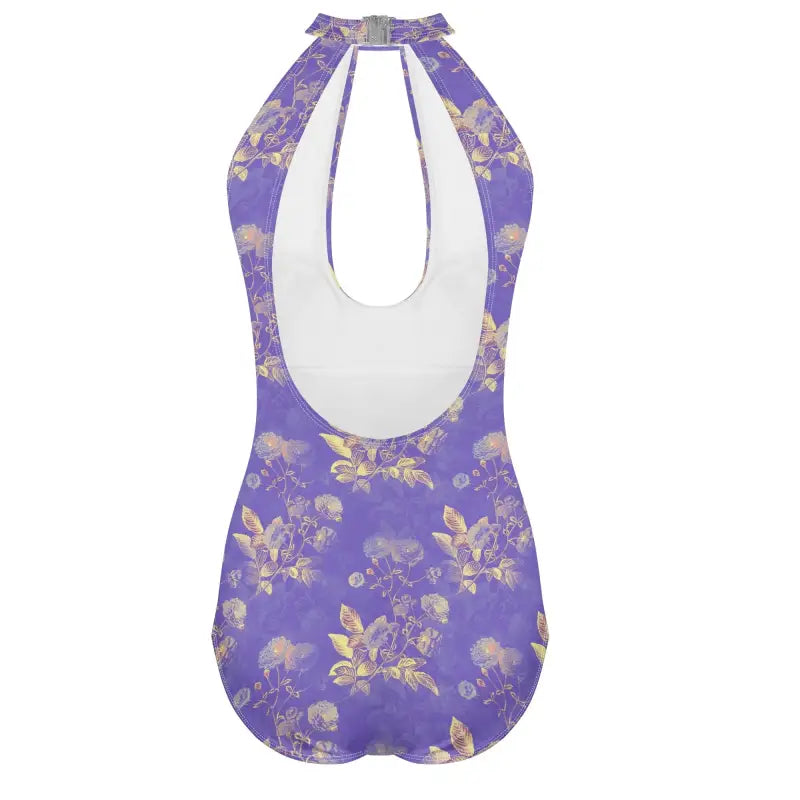 Purple floral halter-neck leotard swimsuit with gold butterflies for sexy tie backless style