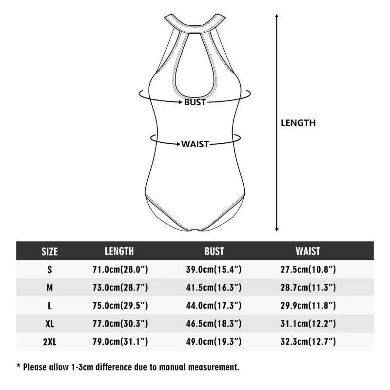 Line drawing of a sexy halter cut one-piece swimsuit with tie backless swimwear size chart