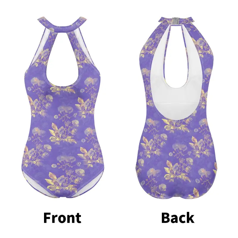 Purple floral sexy halter cut tie backless swimwear with beige rose pattern, front and back views