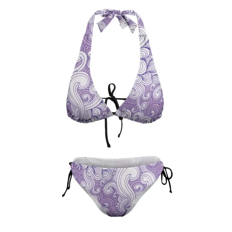 Purple and white paisley v-neck bikini swimsuit with swirling patterns for head-turning style