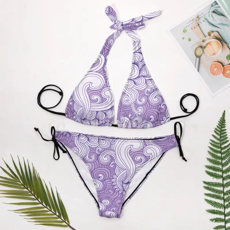 Purple bikini with swirling white pattern perfect for a sexy paisley v-neck look