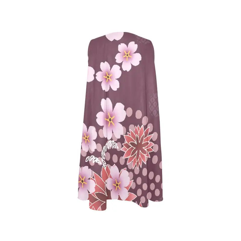 Floral-patterned women’s colorful sleeveless A-line dress with pink blossoms on purple