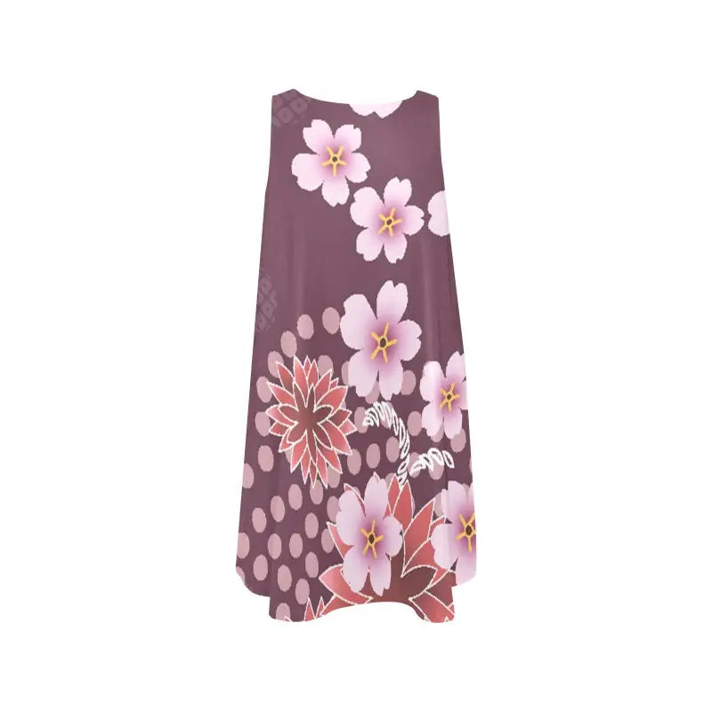 Colorful sleeveless A-line dress with pink blossoms on a cute mauve background