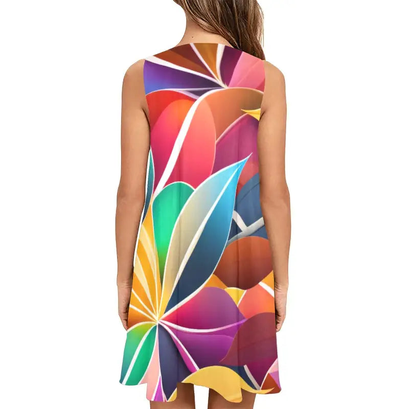 Colorful sleeveless A-line dress with vibrant geometric flower pattern for women
