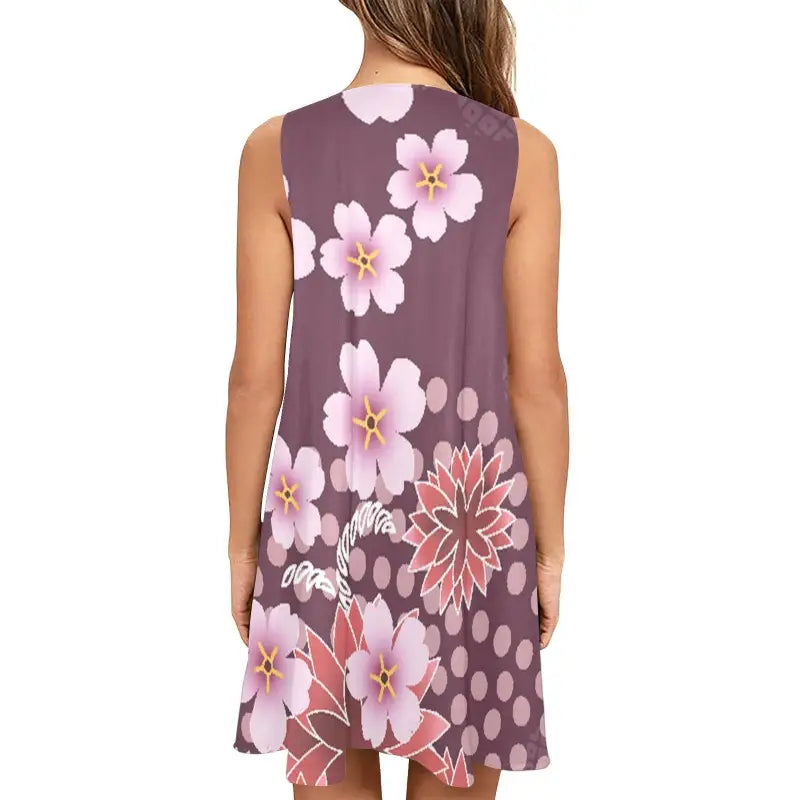 Colorful sleeveless A-line dress in purple with pink floral print, perfect for twirling
