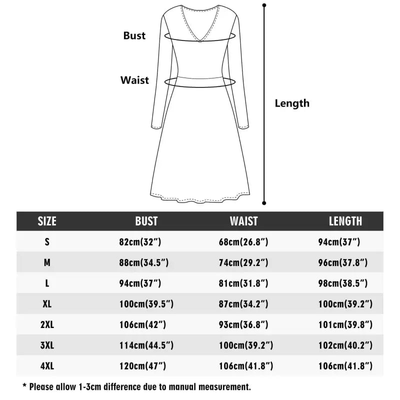 Sizing chart for the long sleeve ruffle dress with blue floral measurements
