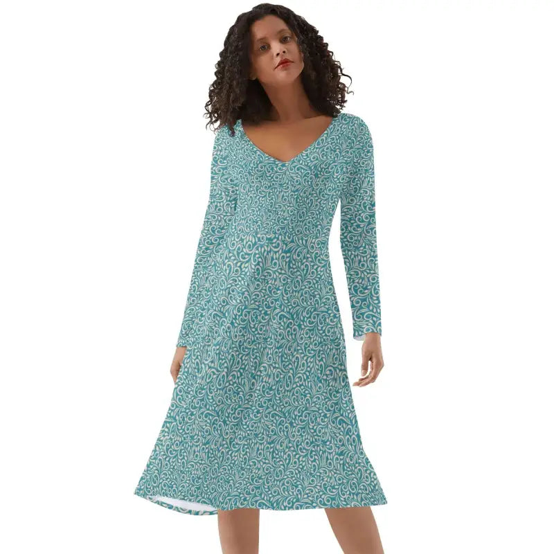 Teal floral print long sleeve ruffle dress with a V-neck for stylish women’s looks