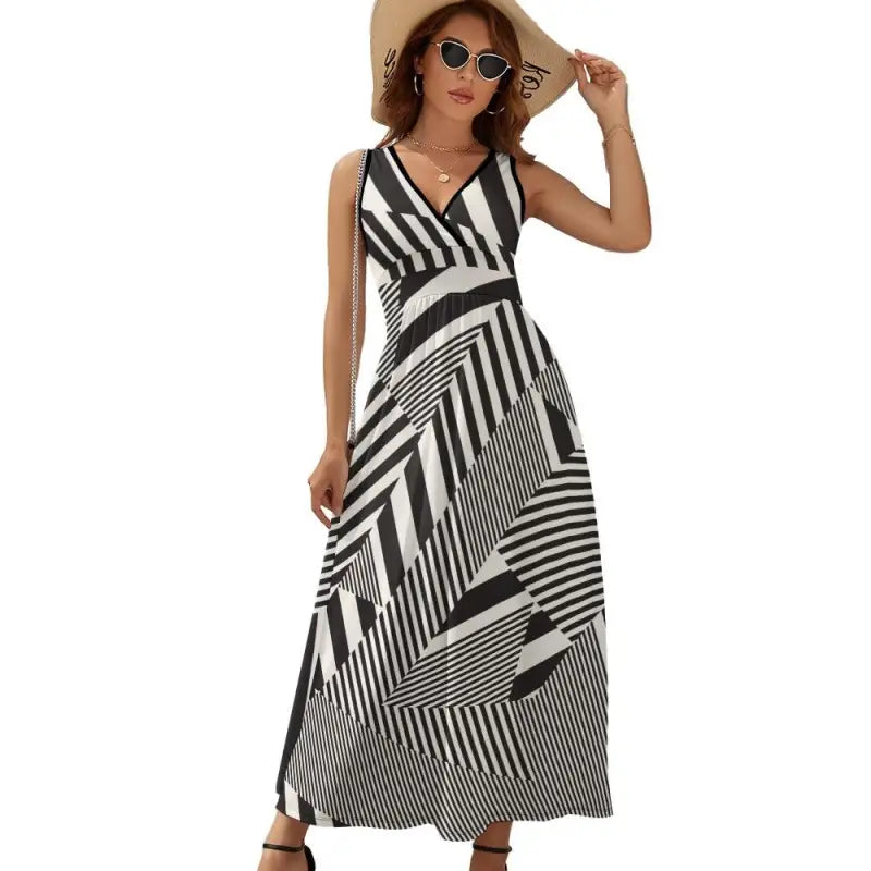 Stylish ladies sleeveless black maxi dress with white geometric stripes and V-neckline