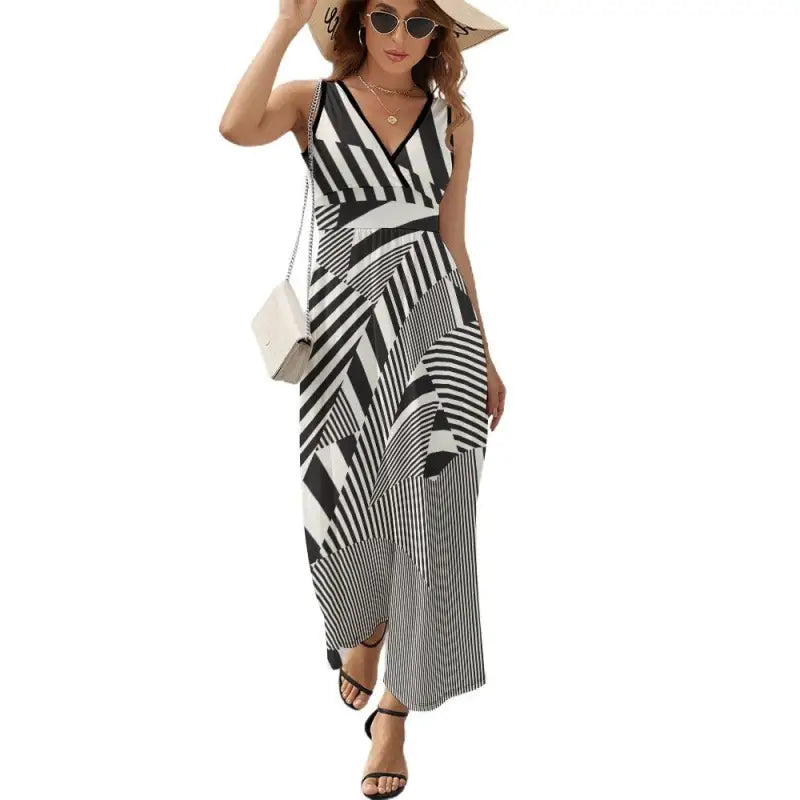 Ladies sleeveless black maxi dress with white geometric stripes and V-neckline