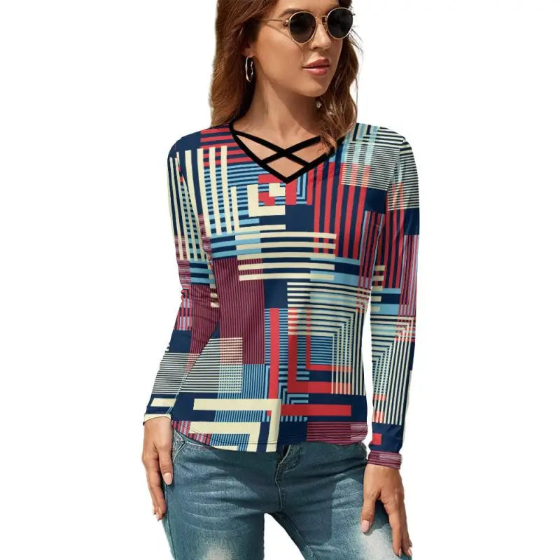 Colorful geometric print v-neck long-sleeve top with criss-cross neckline for women