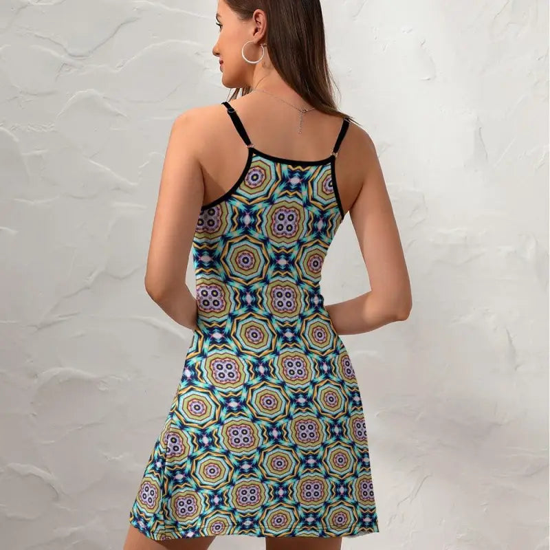 Cute Abstract Floral Slip Dress with vibrant geometric patterns and colorful circles