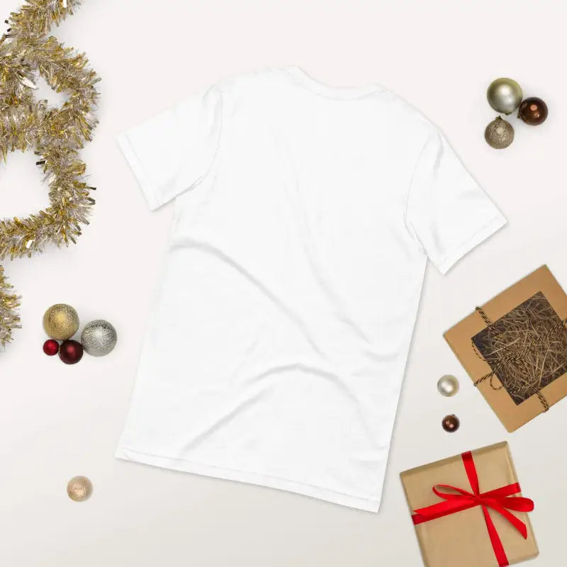 White t-shirt laid flat, perfect for a funny Christmas short sleeve vibe