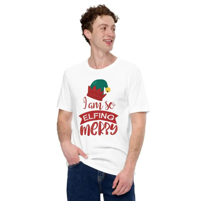 White Christmas short sleeve t-shirt with funny elf graphic and I am so elfing merry text