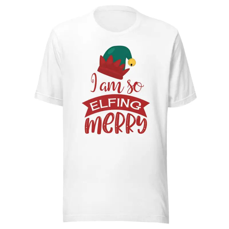 Funny Christmas short sleeve t-shirt with festive elf graphic and text I am so ELFING merry