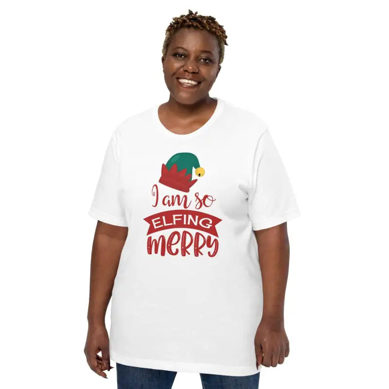 White short sleeve t-shirt with funny Christmas elf graphic saying I am so ELFING MERRY