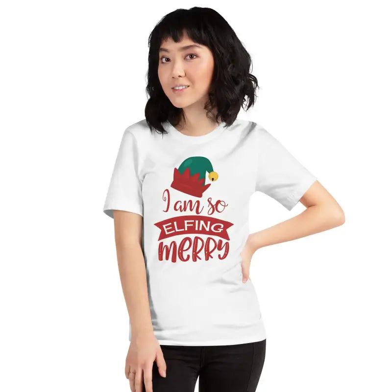 Funny Christmas short sleeve t-shirt featuring an elf graphic and I am so ELFING merry text