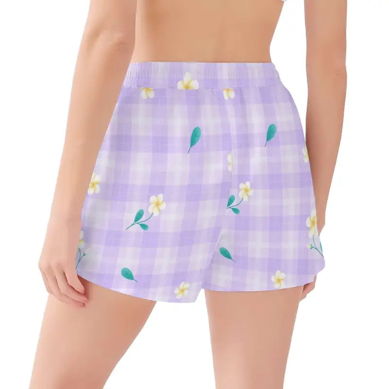 Womens purple floral gingham shorts perfect for a casual beach day