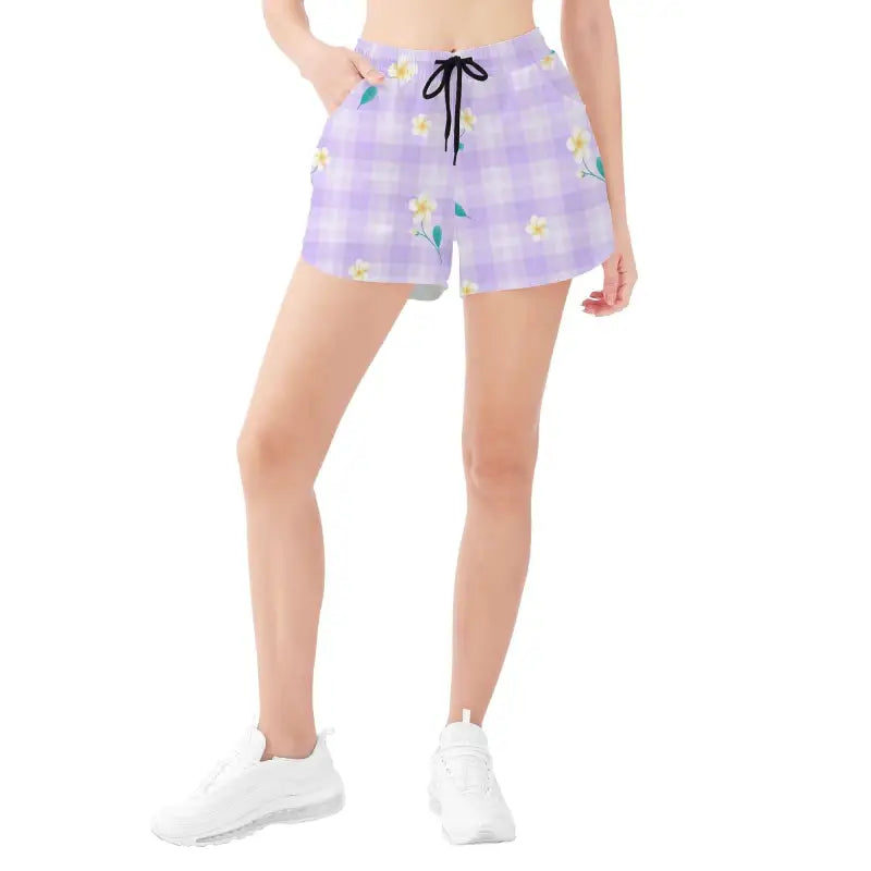 Womens purple floral shorts with drawstring waist for casual beach vibes