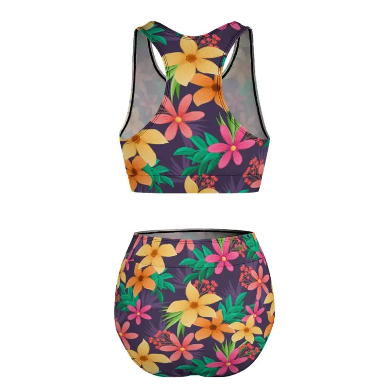 Ladies floral modest coverage swimsuit with crop top and high-waisted bottom