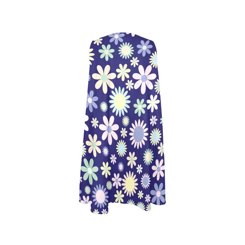 Floral sleeveless A-line skirt with white and pastel daisies on dark blue background