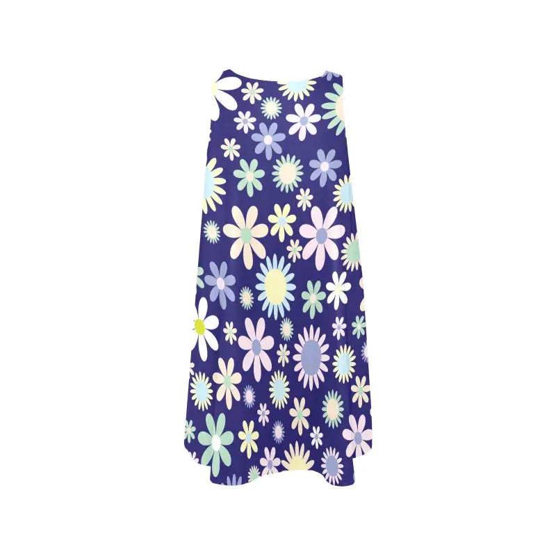 Sleeveless A-Line floral dress with navy blue background and fun blue floral patterns