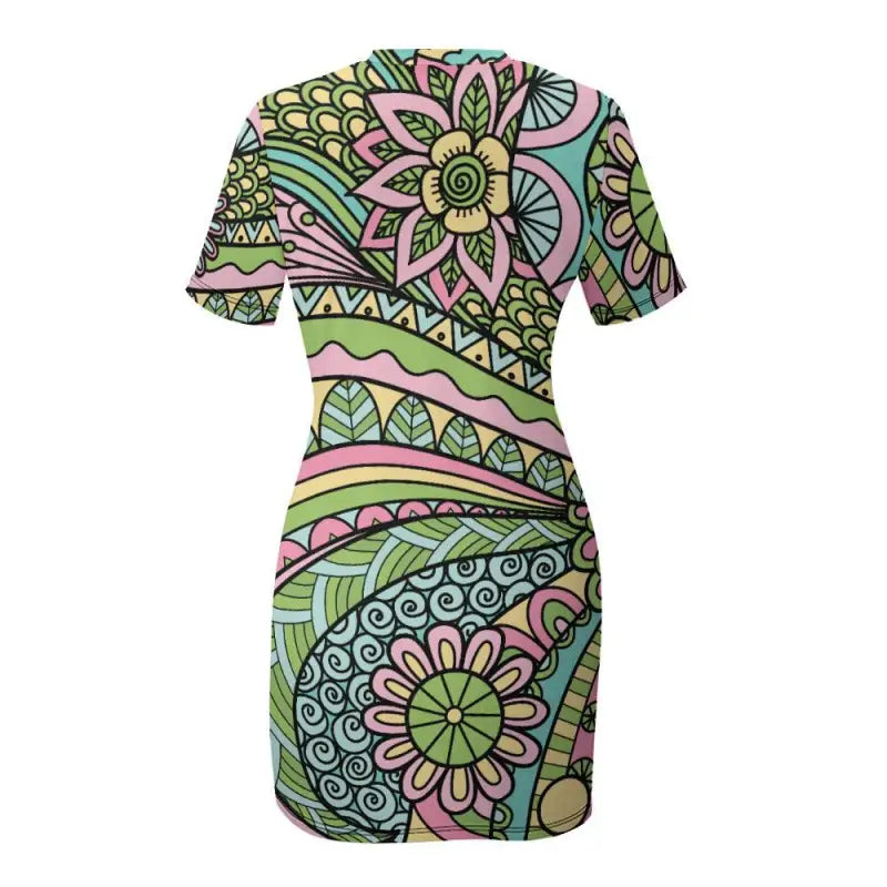 Colorful short sleeve dress with funky retro floral and geometric designs in pastels