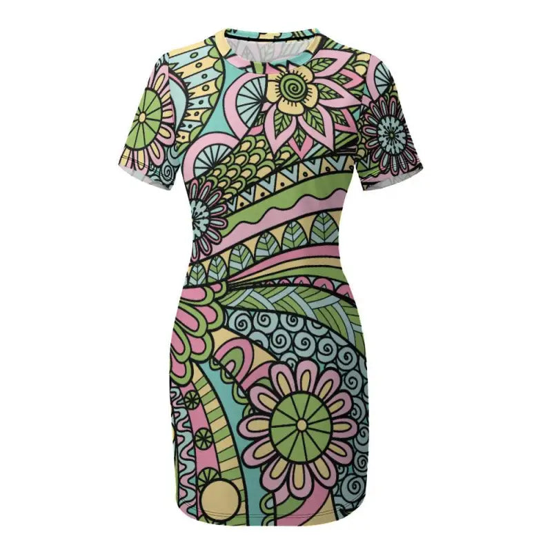 Funky retro floral short sleeve dress with pastel hues and fun patterns