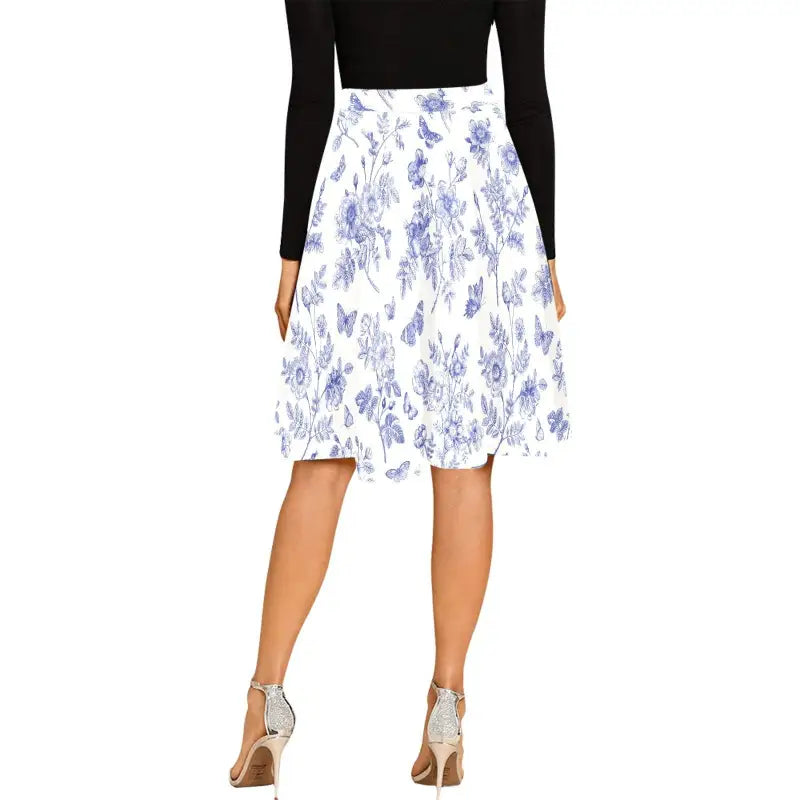 White knee-length women’s toile print pleated midi skirt with blue floral design