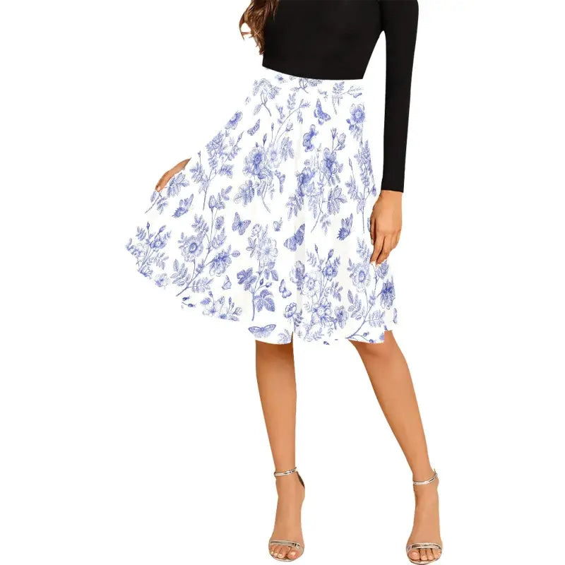 Floral print white and blue toile print pleated midi skirt perfect for garden parties