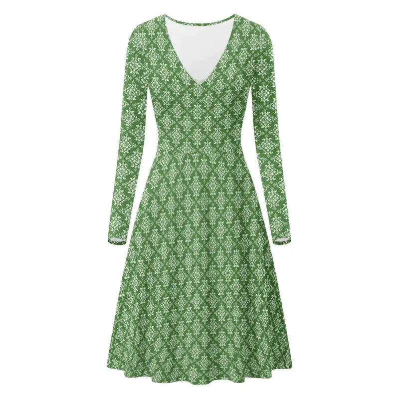 Green damask print long sleeve ruffle dress perfect for stylish women