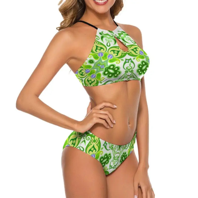 Vibrant green geometric print halter bikini, perfect women’s swimsuit for summer fun